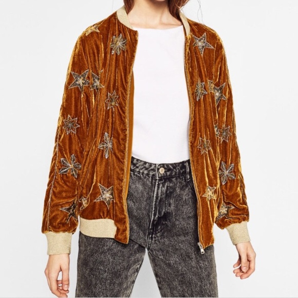 Zara Velvet bomber w champagne embroidered stars!
